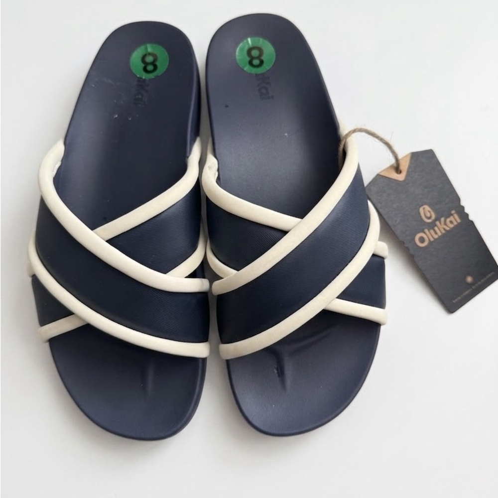 NWT OluKai Ani Slide Sandals Mood Indigo White Sand Size 8